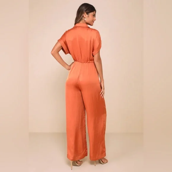 Steve Madden Tori Rust Orange Satin Short Sleeve Jumpsuit BNWT - Picture 6 of 6